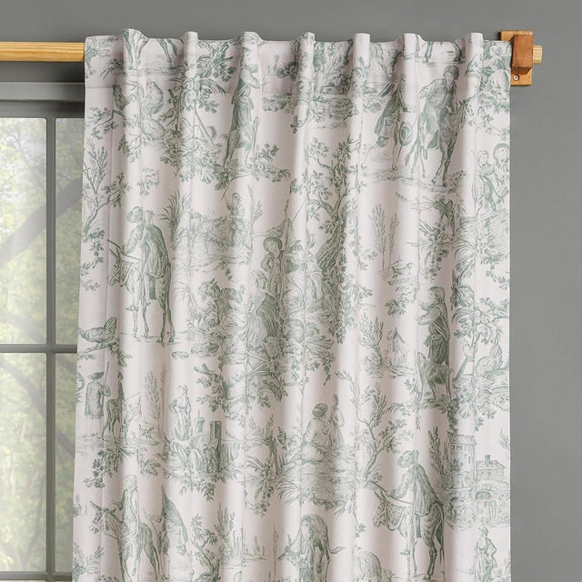 Maison d' Hermine Curtains for Living Room 100% Cotton 96 inch Length One Panel Light Filtering Toile Curtains for Bedroom Windows with Rod and Loop Pockets (The Miller Antique Green, 50" W x 96" L)