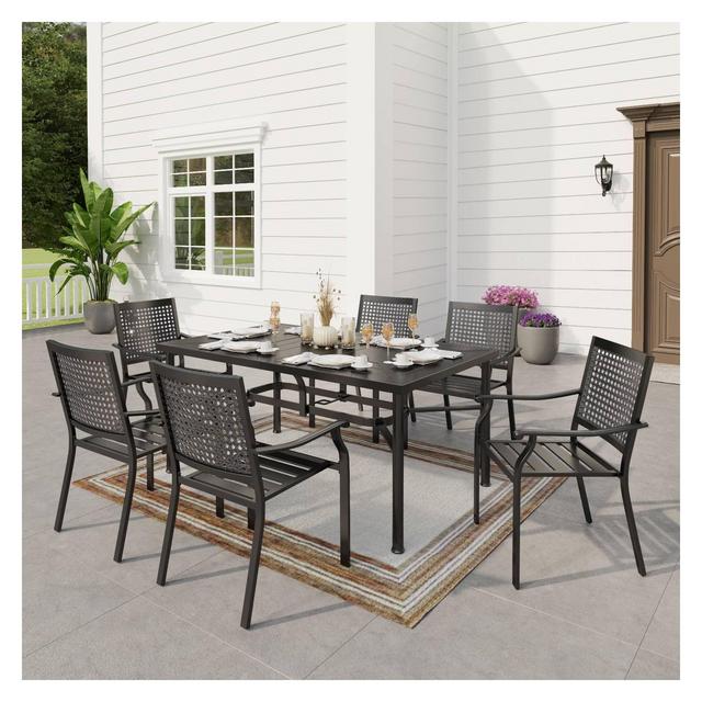 7pc Outdoor Dining Set with Steel Chairs & Large Metal Rectangle Table with Umbrella Hole - Captiva Designs