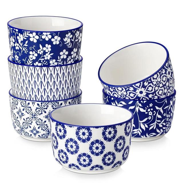 vancasso Selene 6 oz Ceramic Ramekins Set of 6, Microwave & Dishwasher Safe Souffle Cups for Baking, Dip & Sauce, Desserts, Handcrafted Blue Floral Bowls