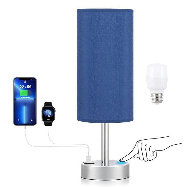 Navy Blue Touch Lamp for Boys - Small Nightstand Lamp with USB-C and USB Charging Ports, 3 Way Dimmable Bedside Table Lamp with Fabric Shade Silver Base for Nursery, Dorm, Office, Reading