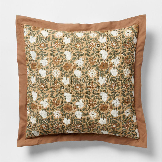 Celeste Organic Cotton Taupe Desert Floral Block Print Quilted Euro Bed Pillow Sham