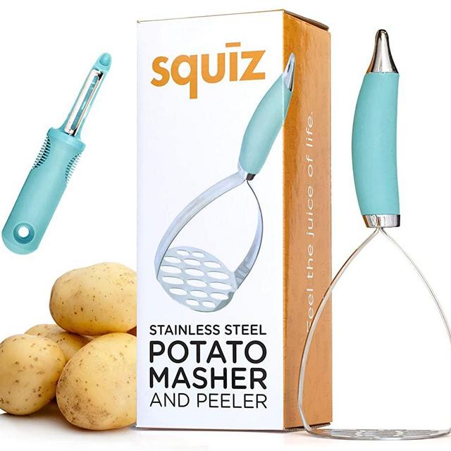 SQUIZ Stainless Steel Silicone Potato Masher and Peeler Aqua Blue, Hand Potato Ricer, Food Smasher (Audrey Blue)