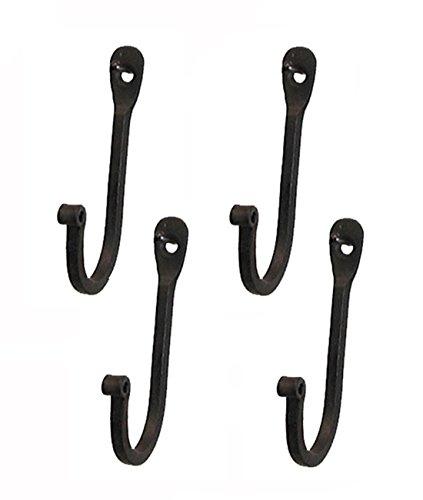 Early American Single Prong Wrought Iron Hooks, Set of 4 - Rustic Curved Metal Fasteners - Decorative Colonial Wall Décor