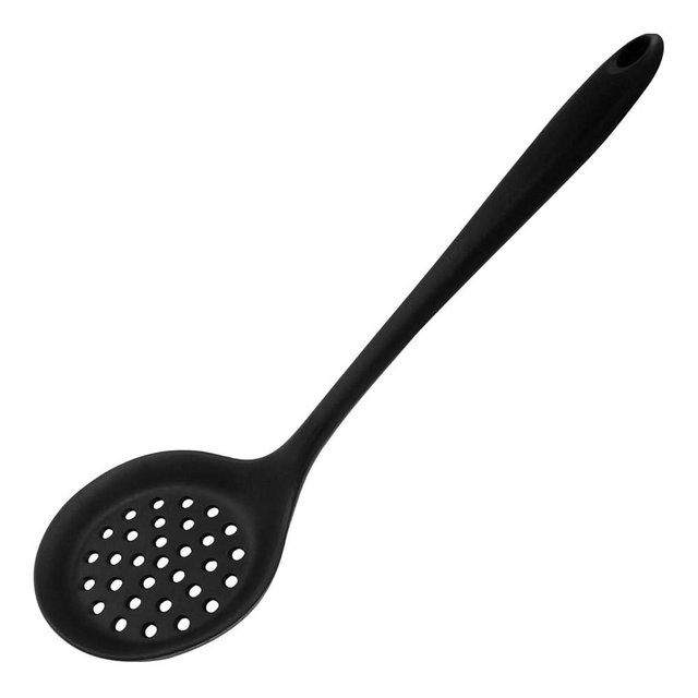 Hordion 1 Pcs Silicone Slotted Spoon, Black Strainer Spoon Non Stick Silicone Skimmer Heat Resistant Cooking Spoon