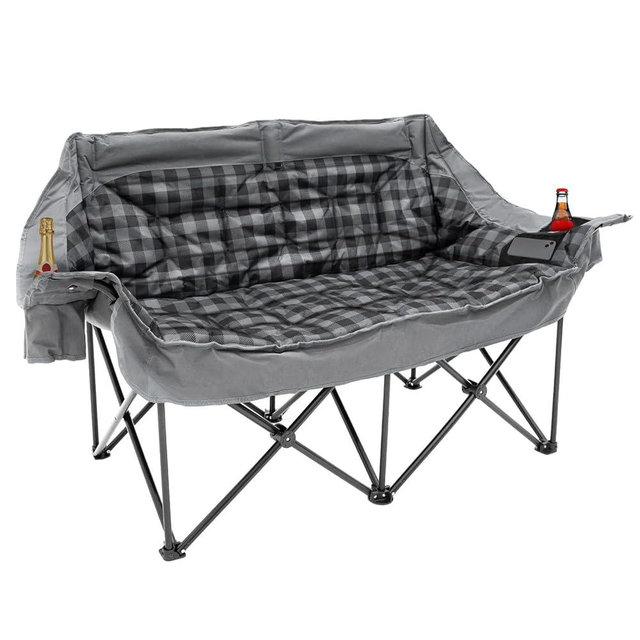QUYUAN Double Seater Camping Chair, Padded Loveseat Chair for 2 Person, Oversized Heavy Duty Folding Camp Chairs, Camping Couch for Soccer Games, Tailgating, RV Travel, Beach Days, Outdoor Sofa (Gray)