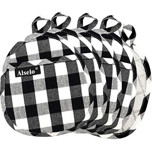 Alselo Pot Holder Set of 5 Heat Resistant Potholder, Professional Baking Food Safe Hot Pat Cotton with Silver-Plated for Kitchen Cooking Barbecue (Black/White, 5)