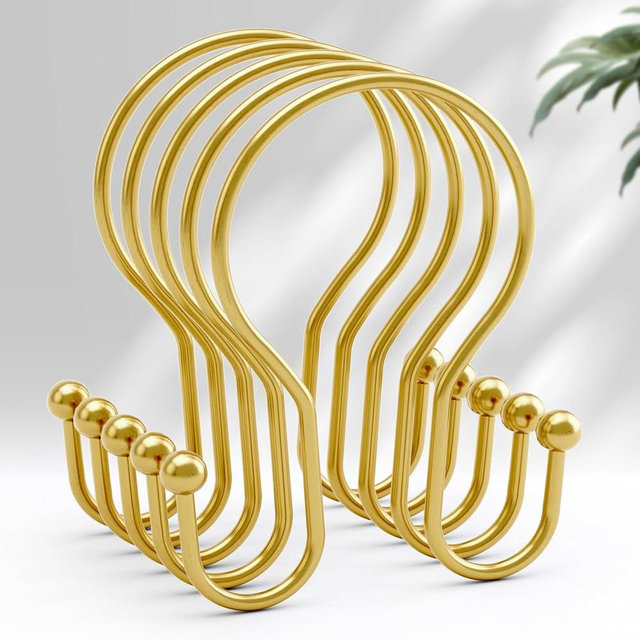 AmazerBath Shower Curtain Hooks, Dark Gold Shower Curtain Rings, Simple Double Hook Shower Curtain Hooks Rust Proof, Metal Smooth Shower Hooks for Shower Curtain Rod, 12 Pcs Shower Rod Hook
