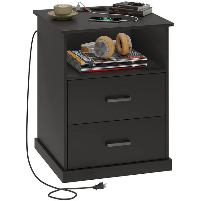 Hasuit Night Stand with Charging Station, Large Nightstand with Storage Drawers and Open Cubby, Black Bedside Side End Table for Home Office, Wider Tabletop 19.0'' x 15.0''
