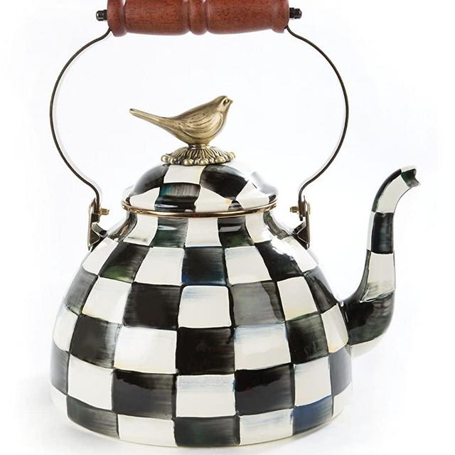 MacKenzie-Childs Courtly Check Enamel 3 Qt. Tea Kettle with Bird