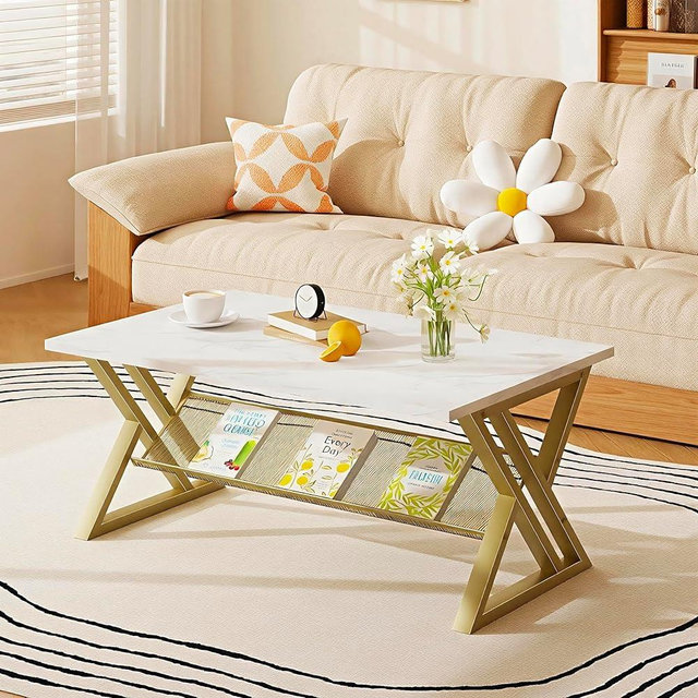 Wolawu Coffee Table Living Room Table with Storage Shelf, White Table Simple Modern Faux Marble Rectangular Tables with Sturdy Gold Metal Frame,Industrial Wooden Coffee Table for Bedroom Home Office