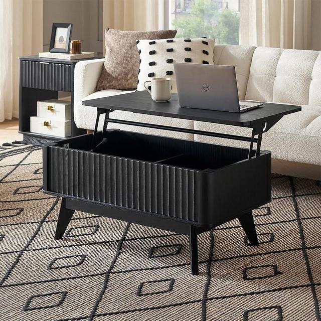 mopio Brooklyn Coffee Table, Lift Top Coffee Tables for Living Room, Mid Century, Modern Farmhouse Center Table with Lifting Top & Hidden Storage, Fluted Panel, Rising Pull Up Dining Table (Black Oak)
