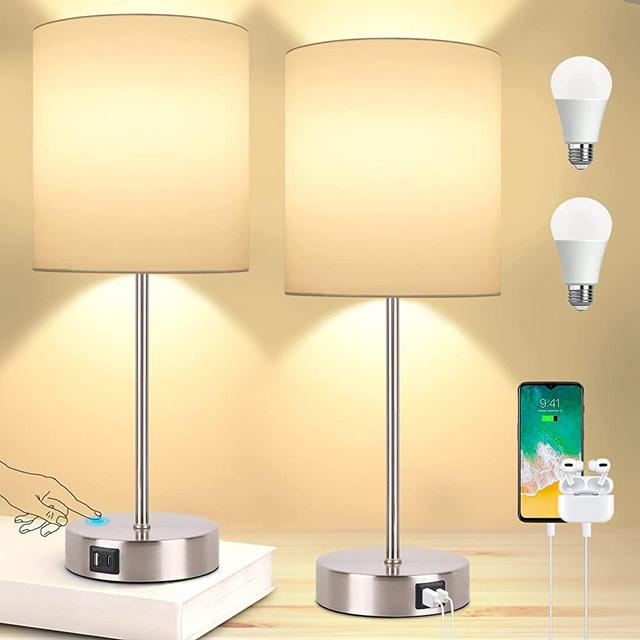 Dott Arts Set of 2 Touch Control Table Lamps with 2 USB Ports & AC Outlet Modern Beside Nightstand Lamp with Fabric Shade Dimmable Table Lamp for Bedroom Living Room Office, Bulbs Included