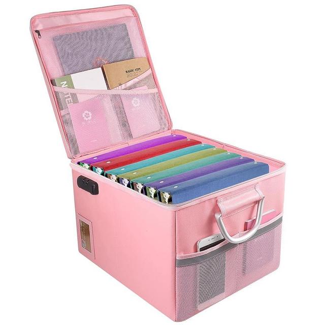 Fireproof Document Box File Organizer Box, Fireproof File Cabinet Box Storage Filing Cabinet Box with Lock, Portable Office Safe Box for Hanging Letter/Legal Folder 16.1 x 12.9 x 11in (Pink)