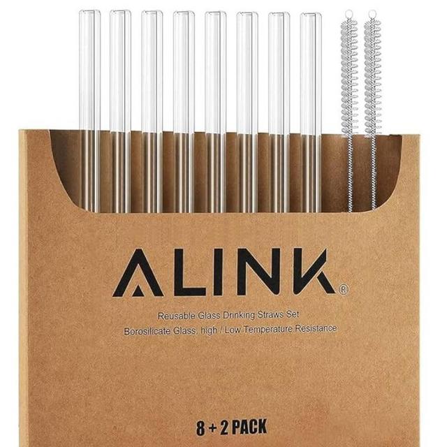 ALINK Short Glass Straws, 6 in x 10 mm Clear Straws for Cocktails, Whiskey, Coffee, Pack of 8 with Cleaning Brush