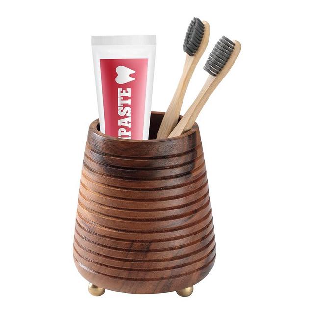 Folkulture Toothbrush Holders for Bathroom or Tooth Brushing Holder, Boho Toothbrush Holder, 4 x 3 Mango Wood Bathroom Toothbrush and Toothpaste Organizer for Shower, Countertop & Vanity (Natural)