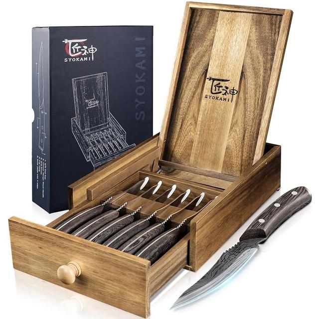 SYOKAMI Steak Knives Set Of 6 With Drawer Organizer, 4.8 Inch High-Carbon Japanese Style Non-serrated Meat Knife With Wenge Handle, Damascus Pattern Full Tang Design, Razor-Sharp Dinner Knives
