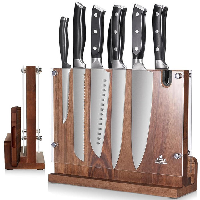 ENOKING Magnetic Knife Block 12.2 x 9.3", Double Sided Magnetic Knife Holde with Knife Sharpener, Acacia Wood Magnetic Knife Stand with Acrylic Shield for Kitchen Countertop