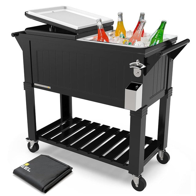 Permasteel 80-Qt Rolling Patio Cooler with Storage Shelf, Large Beverage Cart for Outdoor Entertaining, Backyard, Deck & Parties, Antique Teak Style, Black + Bonus Cover