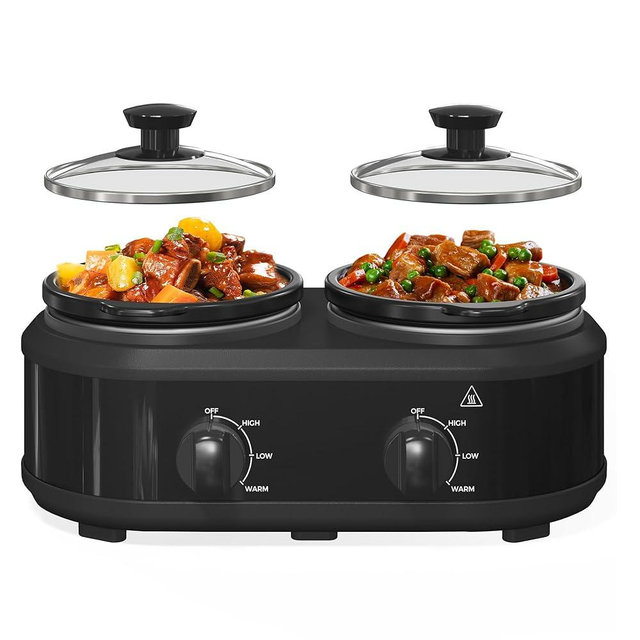 Double Slow Cooker, 2 x 1.25 QT Portable Small Dual Crock Cooker, Buffet Servers and Warmers Dishwasher Safe, Removable Ceramic Pot Glass Lid, Stainless Steel Black