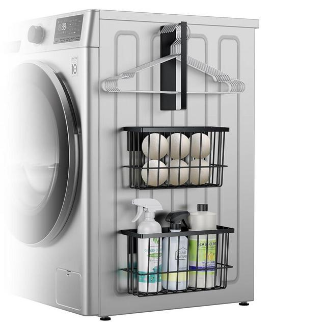 Magnetic Dryer Ball Holder and Magnetic Hanger Holder for Laundry Room Organization and Storage, Magnetic Lint Bin for Laundry Room, Iron Basket Dryer Ball Container for Laundry Room Storage (Black)