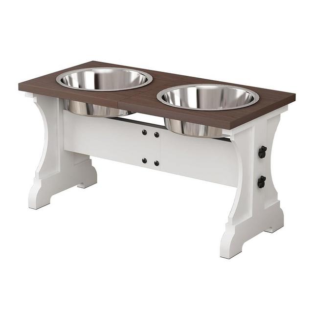 Piskyet Elevated Dog Bowls,Farmhouse Dog Bowls Stand, Raised Dog Bowl with 2 Stainless Steel Wooden Dog Bowls,7 Cups 11''H_55 oz Bowl-Farmhouse Style