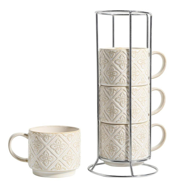 SumitlEyao 6 Oz Coffee Cups with Stand, Stackable Espresso Cups Set of 4, Ceramic Cappuccino Cup, Embossed Coffee Mugs for Latte, Cocoa, Mocha, Tea, Housewarming Wedding Present, Dishwasher Safe