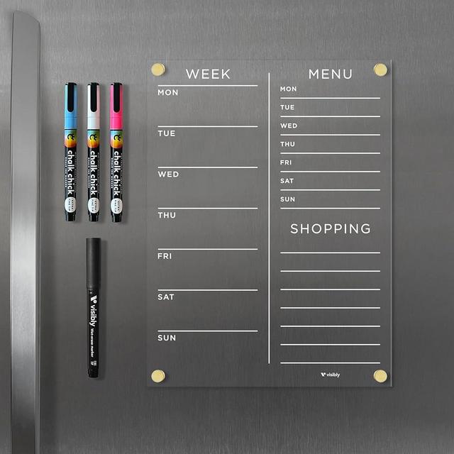 Magnetic Acrylic Week, Menu & Shopping List for Fridge, includes 4 magnetic wet-erase markers for Refrigerator, 9" X 12".