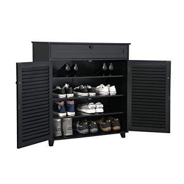 Yaheetech Shoe Cabinet Office Bathroom Storage Cabinet with 1 Drawer Adjustable Shelf Shoe Rack Pinter Stand for Home Office Black
