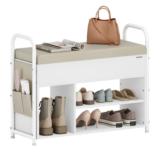 Entryway Shoe Bench, Cloud White & Cappuccino Beige, Storage Lid, PU Pockets, Handles, for Living Room, Bedroom, Hallway.