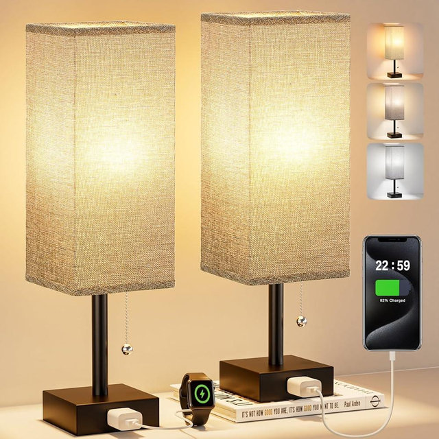 Grey Bedside Lamps for Bedroom Set of 2 - Small Rectangular Nightstand Lamp with AC Outlet Charging Port, 3 Color Temperatures Desk Light with Bulb, Tabletop Reading Lamp for Living Room/Dorm/Office