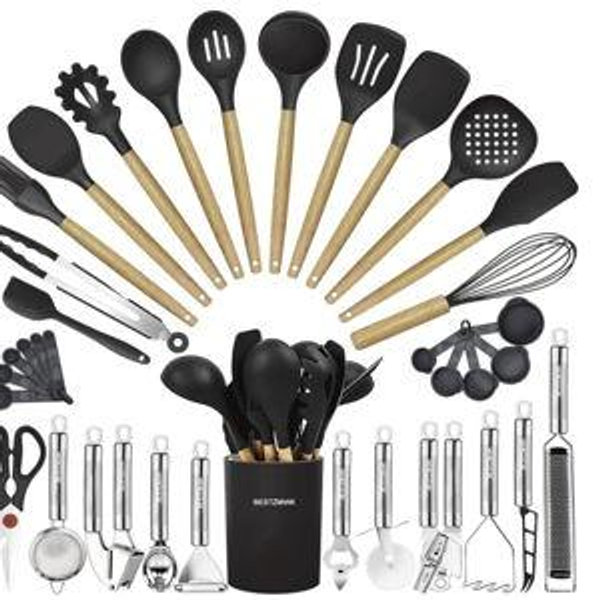 Cooking Utensils Set- 35 PCs Kitchen Utensils with Grater,Tongs, Spoon Spatula &Turner Made of Heat Resistant Food Grade Silicone and Wooden Handles Kitchen Gadgets Tools Set for Nonstick Cookware