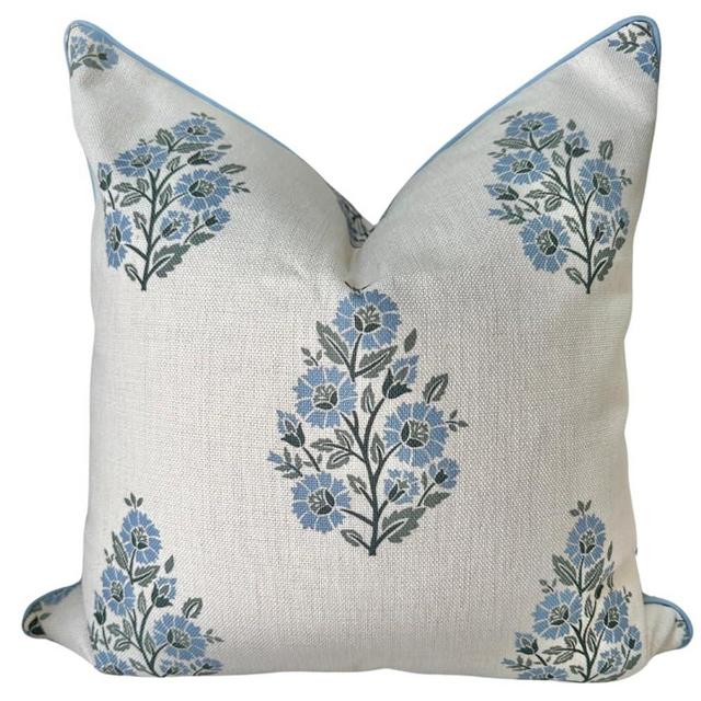 Jillien Harbor Floral Pillow Cover Camille Blockprint Throw Pillow for Home Grandmillennial 20"x20" Pillow Cover Floral Pillow Cover Grandmillennial Home Decor