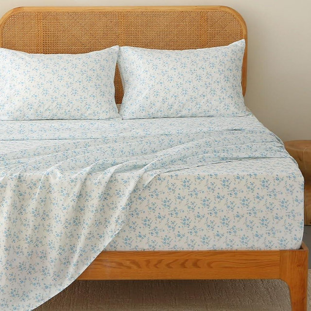 HYPREST Floral Sheets King, Blue Floral Pattern Soft Breathable Farmhouse 4pcs Bed Sheet Sets,18 inches Deep Pocket Sheets