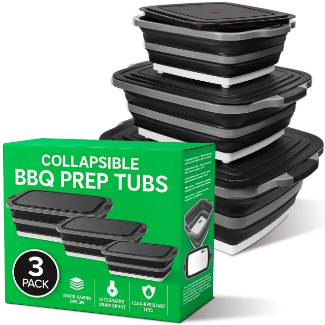 Collapsible BBQ Prep Tub with Lids and Drain Spouts, 3 Pack Portable Meat Marinating and Grilling Trays, Cutting Board Food Storage Containers