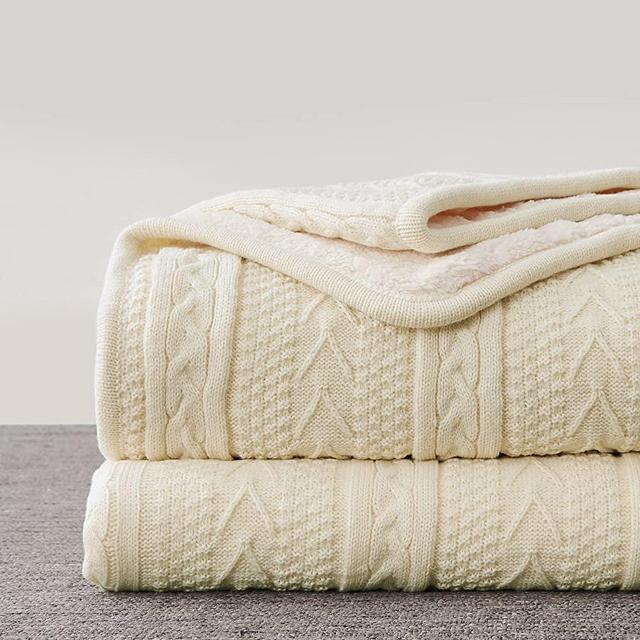 Longhui bedding Cream 50 x 63 Inches Acrylic Cable Knit Sherpa Throw Blanket - Thick, Soft, Big, Cozy Beige Knitted Fleece Blankets for Couch, Sofa, Bed - Large Coverlet All Season