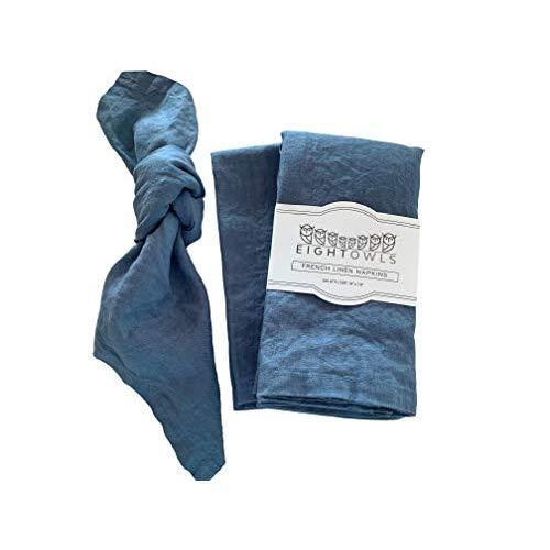Eight Owls Linen Napkins –100% French Flax – Stonewashed Pure Linen Cloth Napkins - Size 18 Inch x 18 Inch – Set of 4 (Soft Teal Blue)