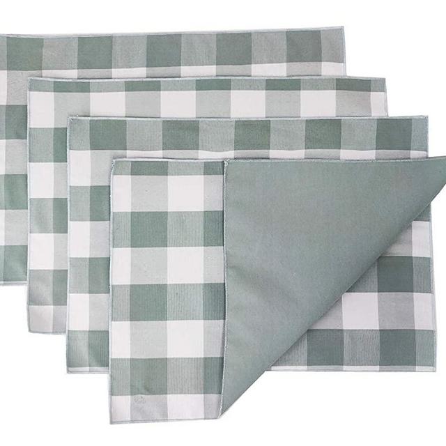 Fennco Styles Buffalo Check Double Layers Reversible Placemats 14" W x 20" L, Set of 4 - Handmade in USA - Sage Green Plaid Table Mats for Everyday Use, Banquet, Holiday, Special Occasion