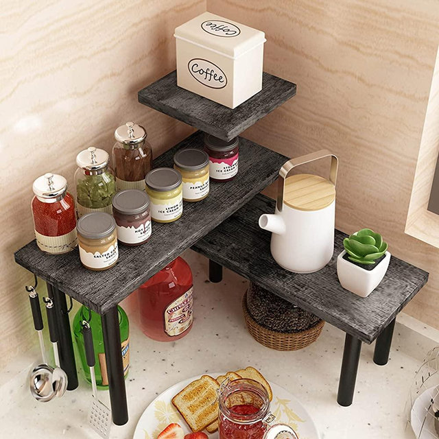 Homode Kitchen Countertop Organizer, 3 Tier Counter Corner Shelf Bathroom Counter Organizer, Wood Spice Rack Space Saver Storage Shelf Stand, Easy Assembly, Rustic Gray