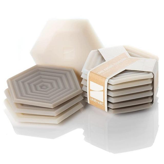 Set of 6 Degrē Coasters (Sandstone) by LINE+ARC. 10mm Thick, Dishwasher Safe, Stain-Resistant, Outdoor, Coffee Table, Silicone, Modern, Hexagon, Mid Century, Cup, Drink, Non-Absorbent, Housewarming