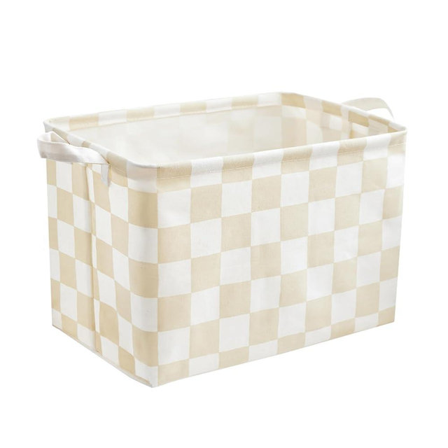 Ohocut Beige White Checkered Canvas Basket, Rectangular Organizing Decorative Storage Basket for Kids Dog Toy, Cute Aesthetic Checkered Room Decor for Home, Kitchen, Bedroom, Classroom, Shelves