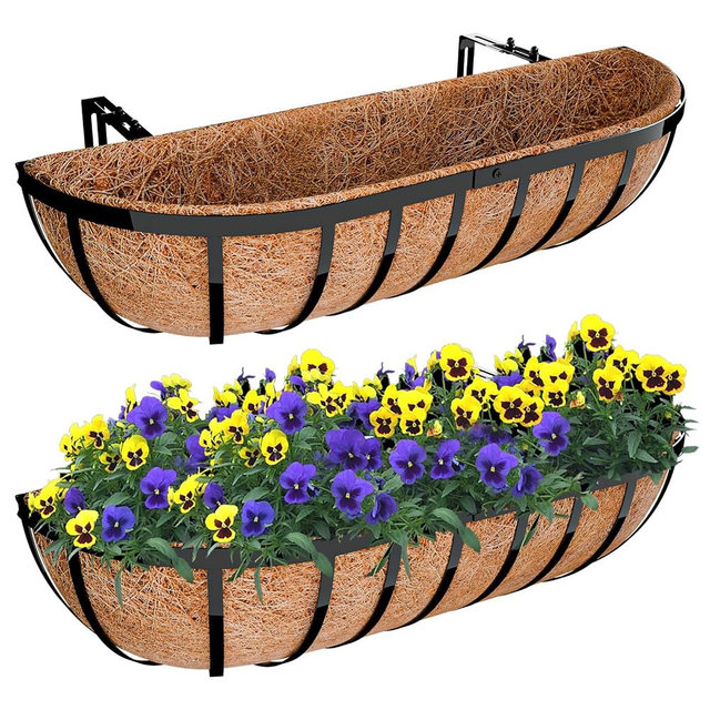 Halatool 24 Inch Railing Planter Box, 2 Pack Window Boxes Planters, Balcony Flower Boxes with Coco Liner & Adjustable Brackets, Trough Planter Box for Outdoor Fence, Deck, Porch & Garden