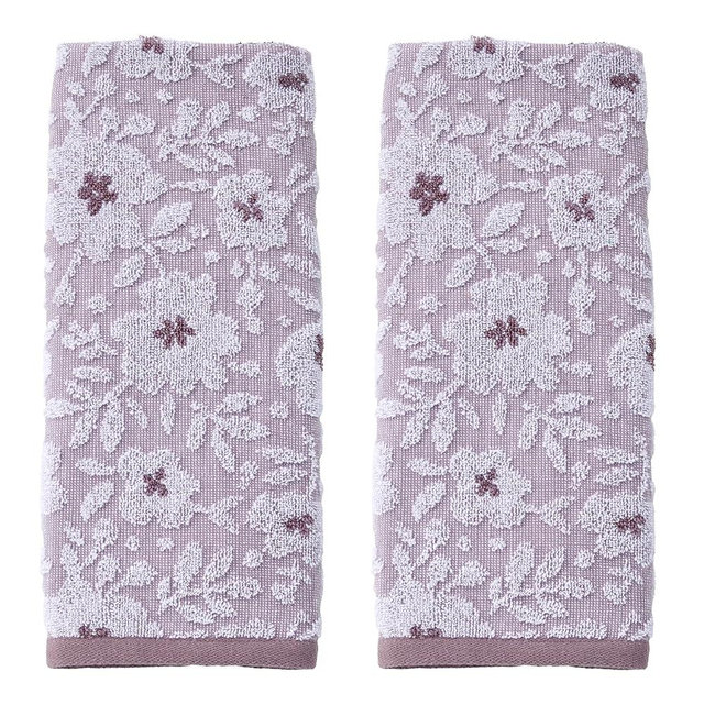SKL Home Floral Jacquard 100% Cotton 2pc Hand Towel Set, Reversible & Decorative for Bath/Kitchen/Bar & Gift, Lavender