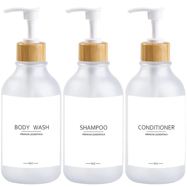 Frosted Plastic Shampoo and Conditioner Bottles, Apothecary Dispenser Bamboo Pump, Refillable Bottles for Shower Lotion, Oil, Hand Soap, Sanitizer, Liquid Soap, Set of 3 with 9 Labels (3, Matte Clear)