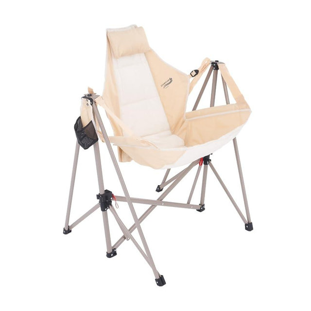 Camphor Designs Portable Swing Hammock Chair | Foldable Recliner Rocking Lounger with Headrest & Drink Holder | Outdoor Sports, Beach, Lawn, Hunting, Tailgating, Fishing | Supports 300Lbs (Beige)