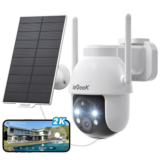 ieGeek Security Cameras Wireless Outdoor, 2K Solar WiFi Camera for Home Security System, Battery Powered Surveillance Cam with Solar Panel, 360° PTZ Color Night Vision, Motion Sensor, Works with Alexa