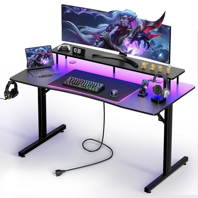 GTRACING Gaming Desk with LED Lights, 55 Inch Large Computer Gamer Desk with Monitor Stand & Power Outlet, Ergonomic Carbon Fiber Surface Gaming Table with Mouse Pad for Home Office, Carbon Black
