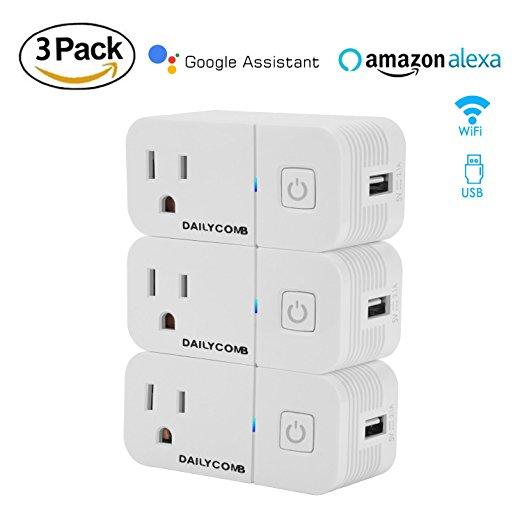 Smart Plug, Works With Alexa & Google Home, USB Charger (5V 2.1A), DAILYCOMB Wi-Fi Mini Smart Outlet With Timing Function, Easy Connection With TP-Link WeMo Netgear Router (3 PACK)
