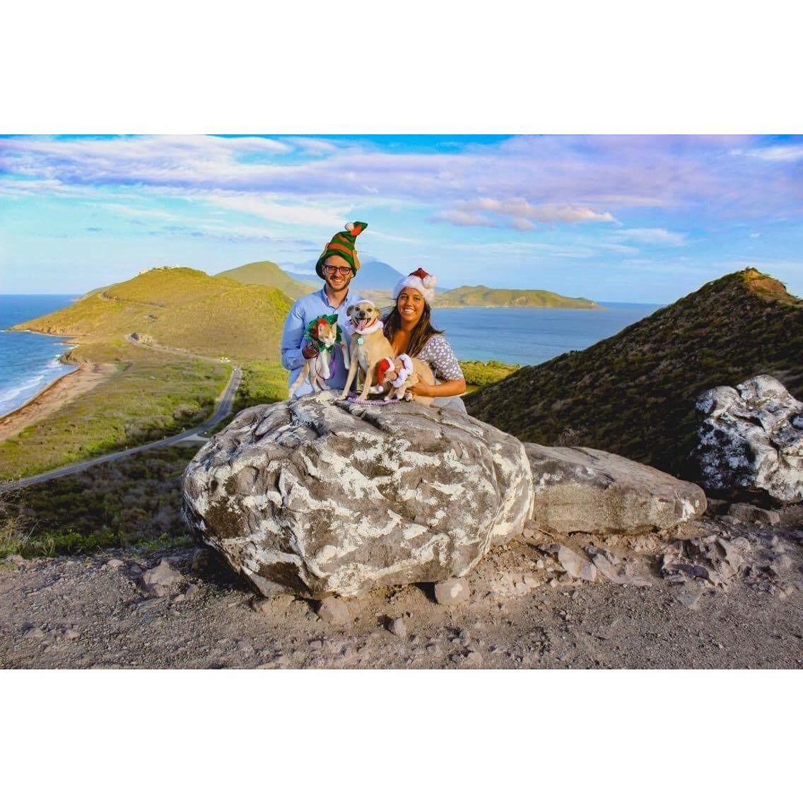 May 2017 - St Kitts Family photo including Winston, our 'relationship cat' , Peaches, and Benjamen.