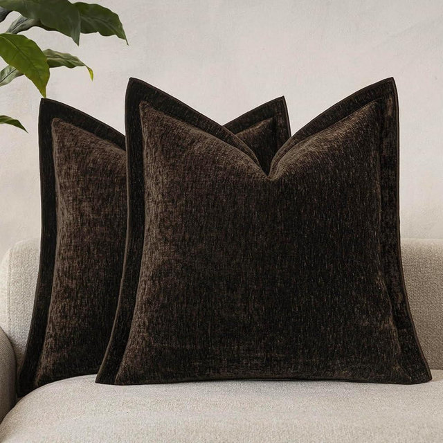 vivrudil Decorative Chenille Luxury Throw Pillow Covers with Wide Edge, Textured Solid Pillowcases, Soft Velvet Cushion Cover Home Décor for Couch Sofa Living Room,18×18 Inch, Set of 2, Dark Brown