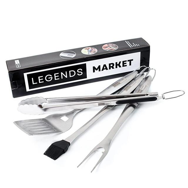 Legends Market BBQ Grill Tools Set - 4-Pcs BBQ Accessories with Grill Tongs, Spatula, Forks, Brush - Heavy Duty Stainless Steel Grill Accessories - Men Gifts Outdoor Grill Sets